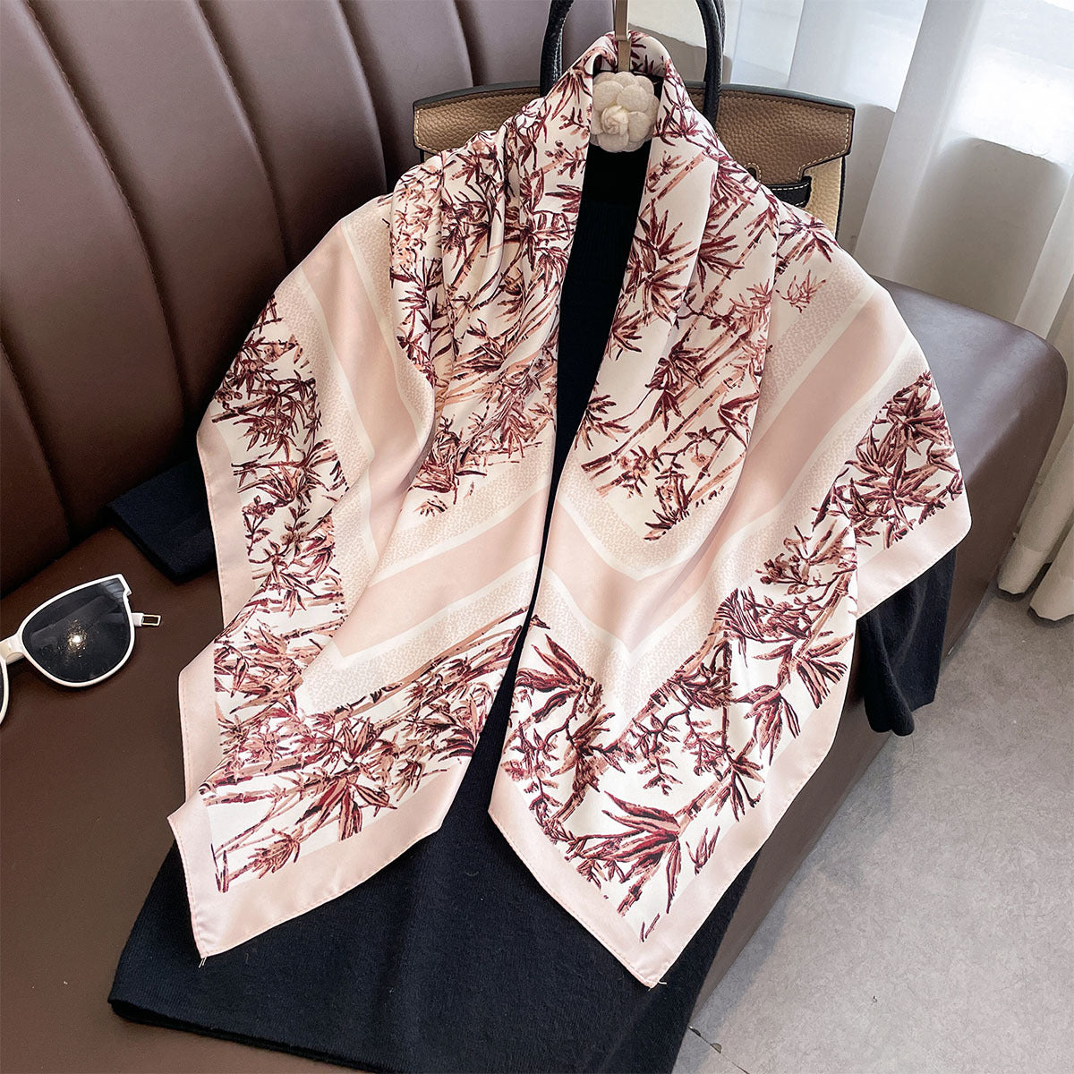 Autumn new classic bamboo leaf 90 printed large square scarf women's imitation silk high-end fashion shawl scarf