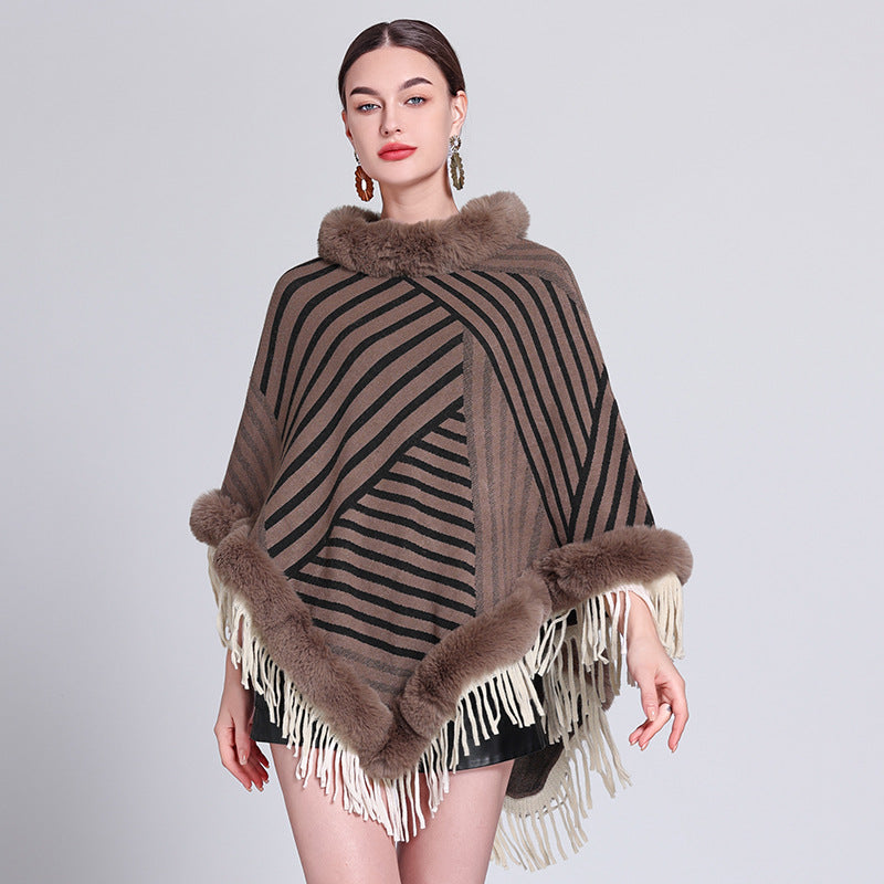 Cross-border Europe, America, autumn and winter new pullover knitting fashion contrasting colors fringed cape shawl shawl outside