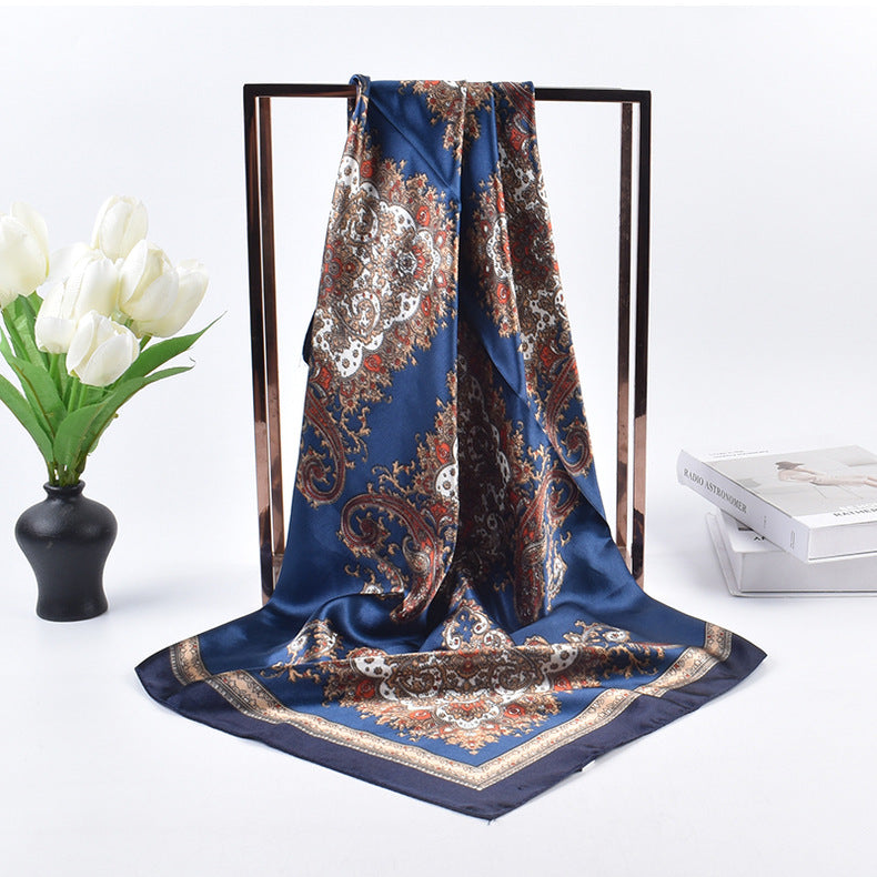 New versatile women's shawl scarf simulation silk 90 satin women's printed temperament silk scarf large square scarf headscarf