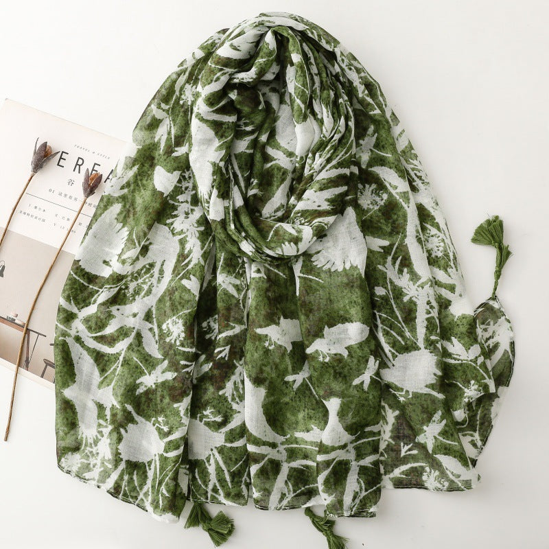 Retro ethnic style women's scarf solid color rubbing style flower painted pattern beard travel accessories silk scarf shawl