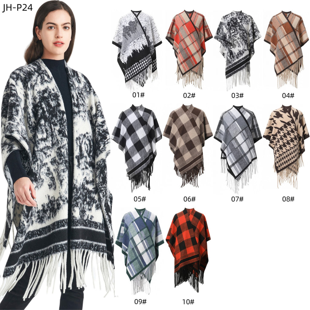 European, American spring, autumn and winter women's jacquard double-sided fringed shawl