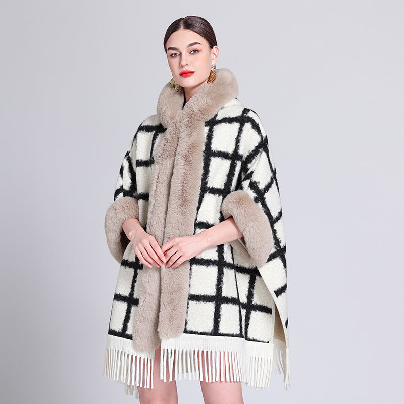 Europe, America, autumn and winter new woolen coat fur collar hooded plush thickened warm fashion fringed cape shawl outside