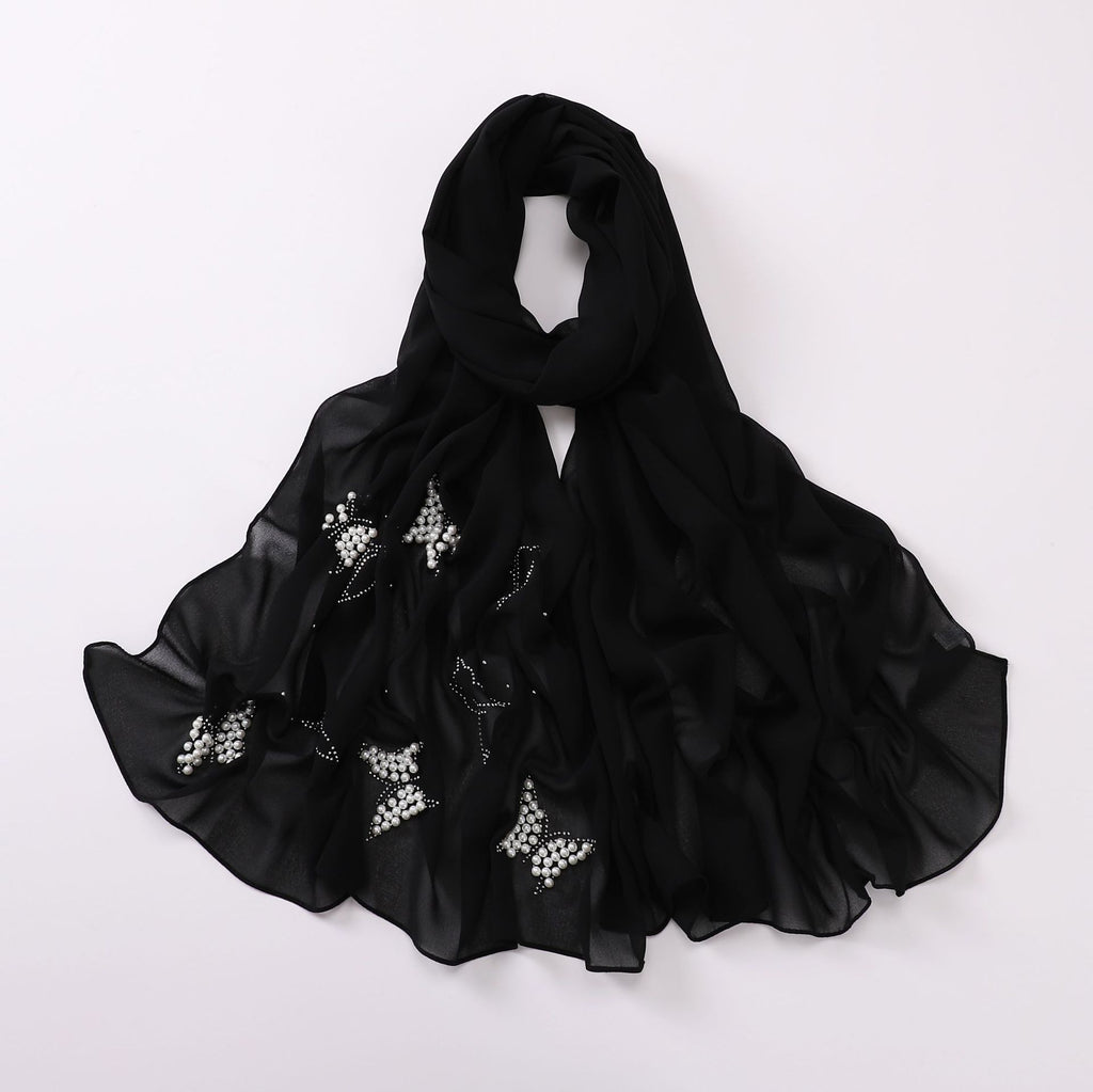 New monochrome chiffon hot diamond beads butterfly scarf gauze malay headscarf middle east Africa hijab