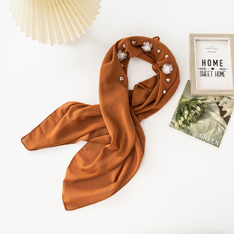 New Pearl Chiffon Three Resin Flower Scarf Headscarf Middle East and Africa 90CM Square Scarf