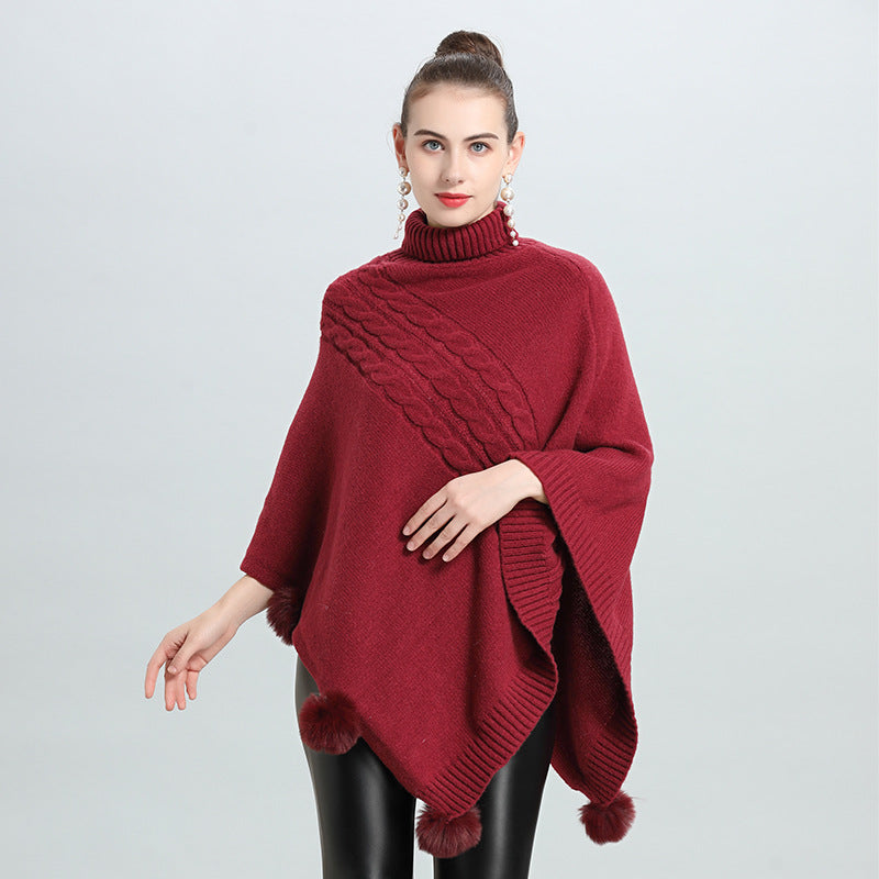 Spring new temperament cape shawl medium and long hairball turtleneck pullover knitted sweater cape 0939 #