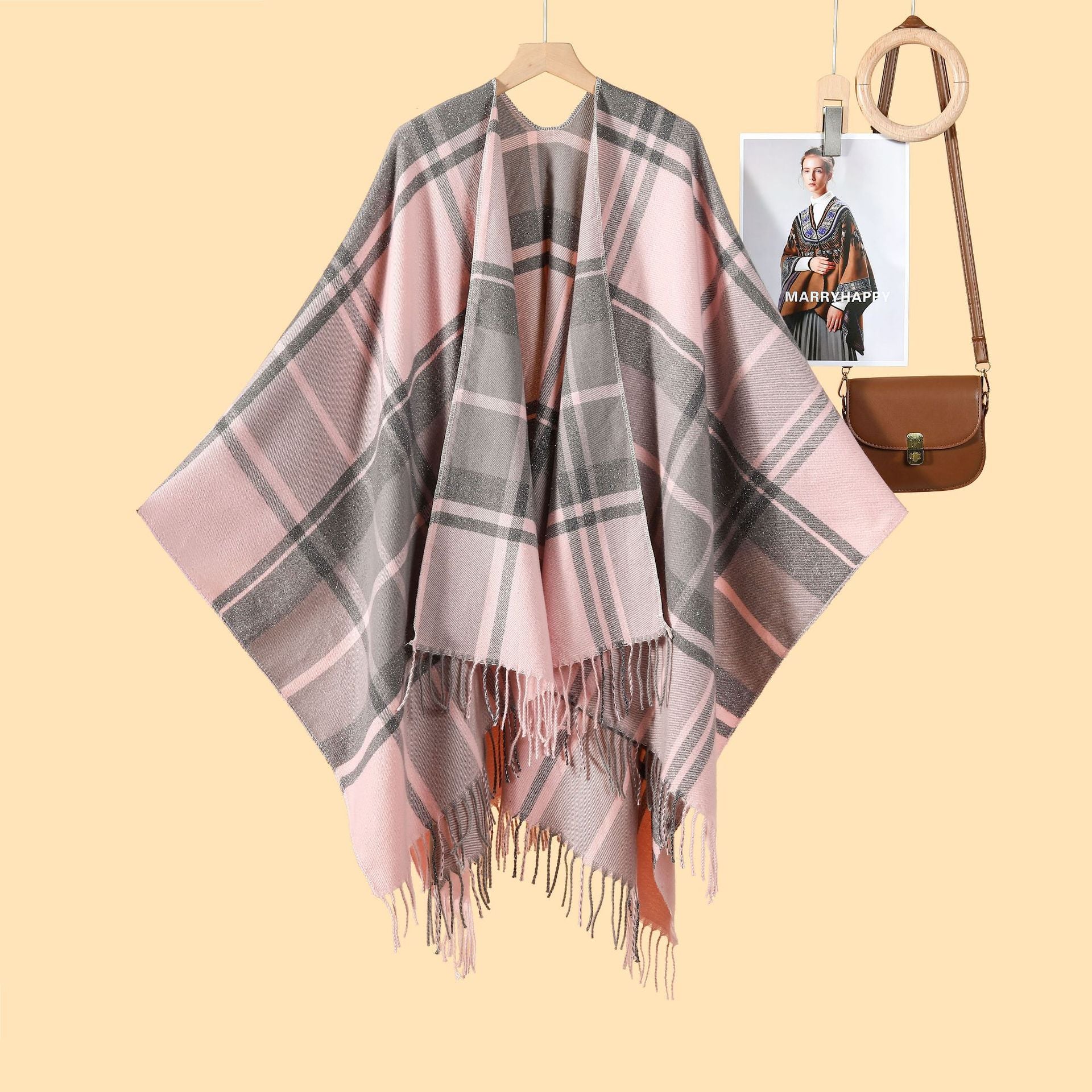 Women's Classic Silver Silk Plaid Cape Cape European and American Street Fashion Catwalk Outside Cape Spring and Autumn Warm Cape