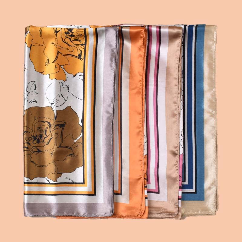 Spring and summer temperament big flower printing versatile decorative scarf headscarf silk scarf 90 high-quality satin large square scarf
