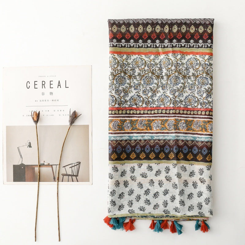 Ethnic Viscose cotton and linen feel scarf Ladies shawl women geometric bohemian fringed silk scarf shawl