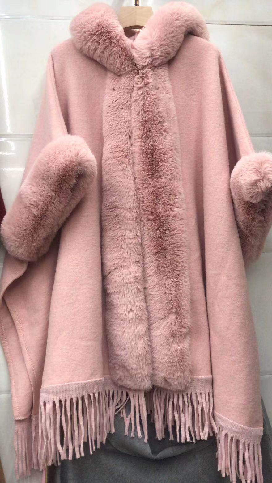 European and American autumn and winter new imitation fur collar hooded fringed knitted cardigan shawl cape jacket 0858 #