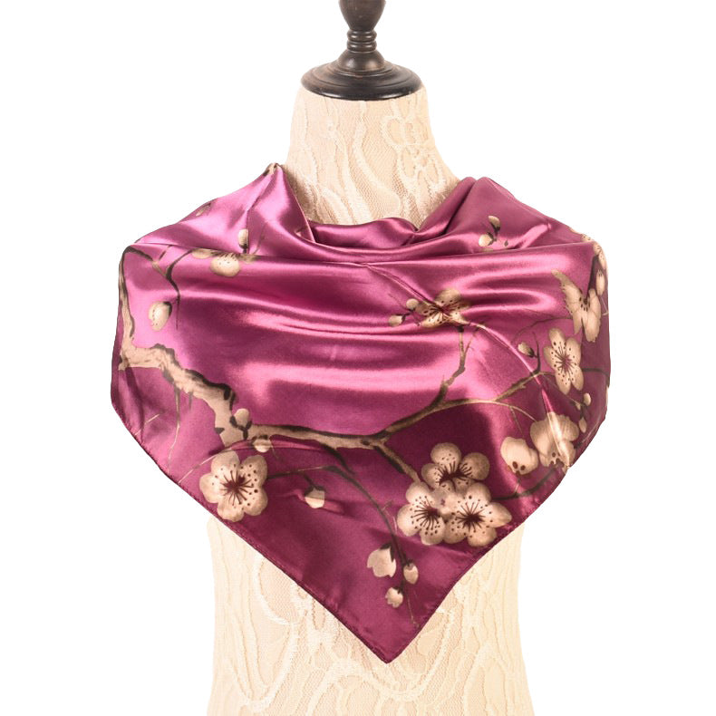 New sweet and fashionable plum blossom flower satin 90cm large square scarf women's silk scarf scarf