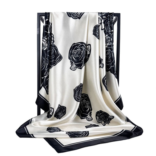 Elegant temperament women's decorative scarf, imitation silk satin plant flower flower printed silk scarf, bag head square scarf