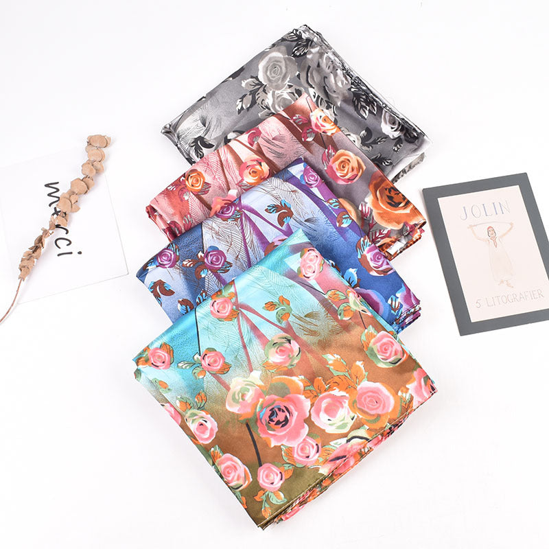 Autumn and winter new 90 high-end rose square scarf versatile retro printing women's 90-color diced imitation silk