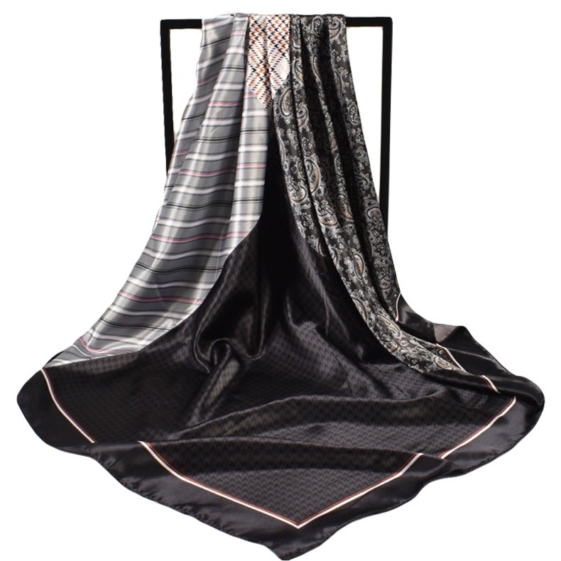 European and American fashion new 90cm-satin color matching striped small cashew generous silk scarf, annual scarf