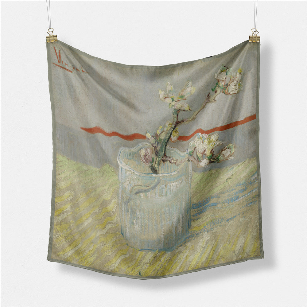 Simple, fashionable and versatile literary and artistic fan 53cm small square scarf, Van Gogh art oil painting, women's scarf silk scarf
