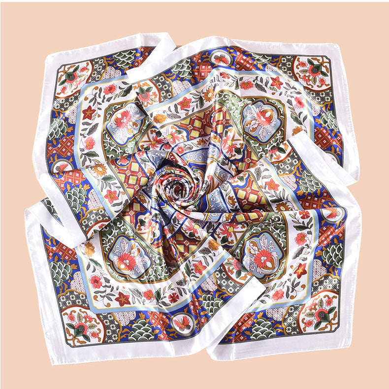 Spring new fashion big shawl simulation silk plant flower printing silk scarf head scarf 90 color square scarf