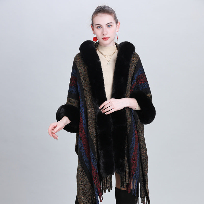 European and Korean autumn and winter new cape shawl, colorful striped fur collar hooded fringed knitted cardigan shawl cape 0983 #