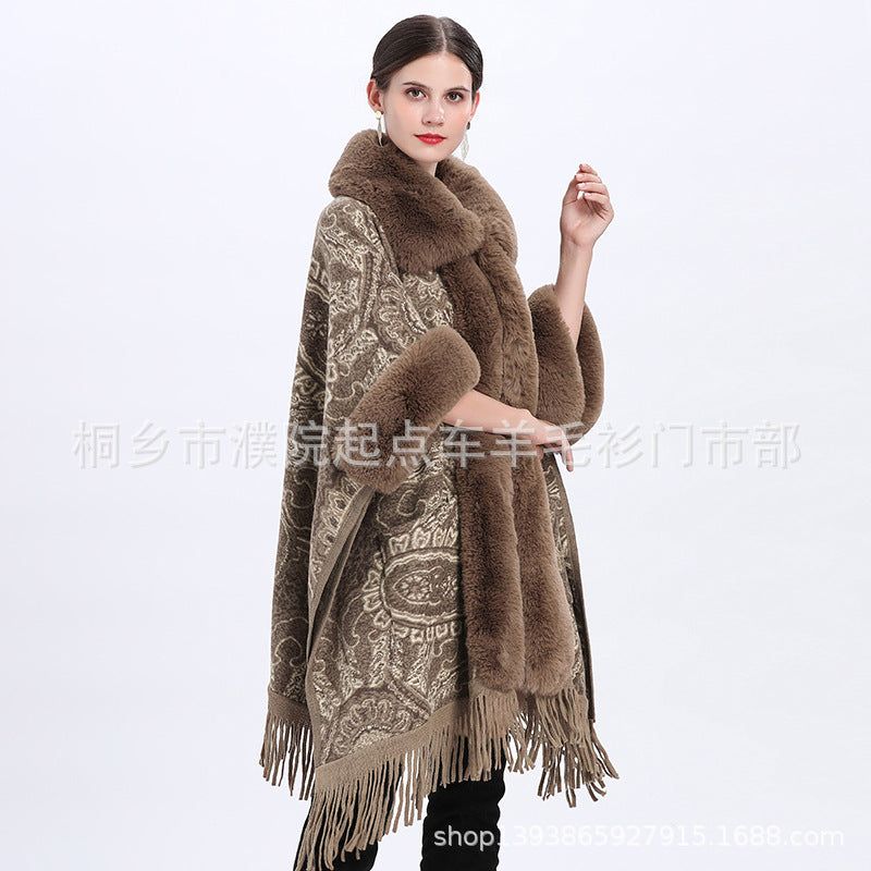 Europe, America, autumn and winter new jacquard fashion loose fur collar fringed cape shawl with large size woolen coat women