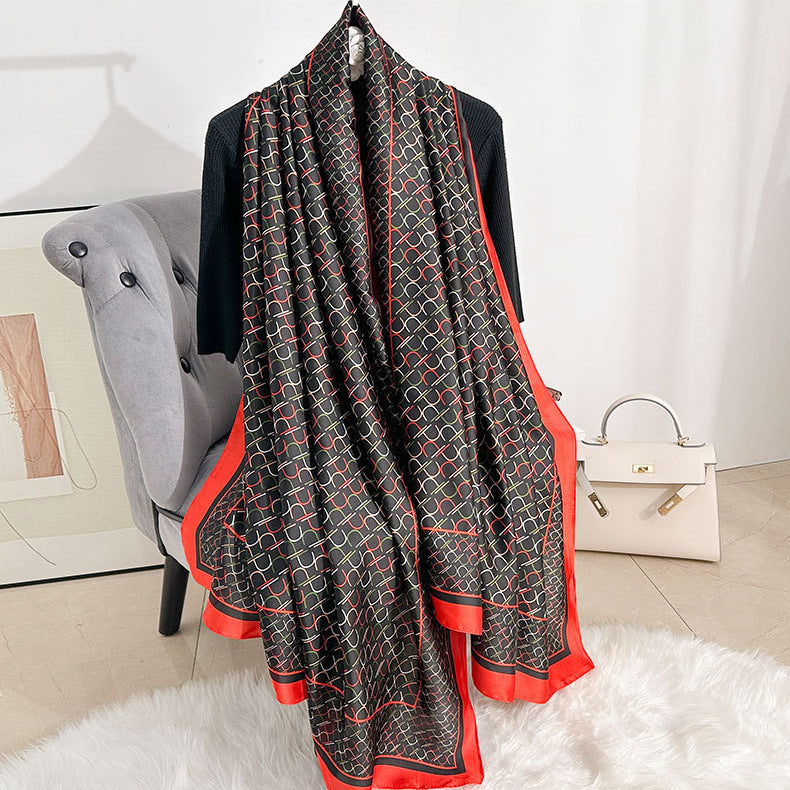 Simple, fashionable and versatile, colorful geometric lines, long silk scarves, travel and vacation sunscreen, thin shawl scarves.