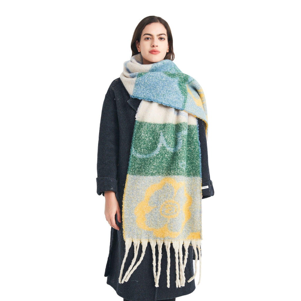 European, American autumn and winter new loop yarn imitation mohair jacquard four-leaf flower scarf