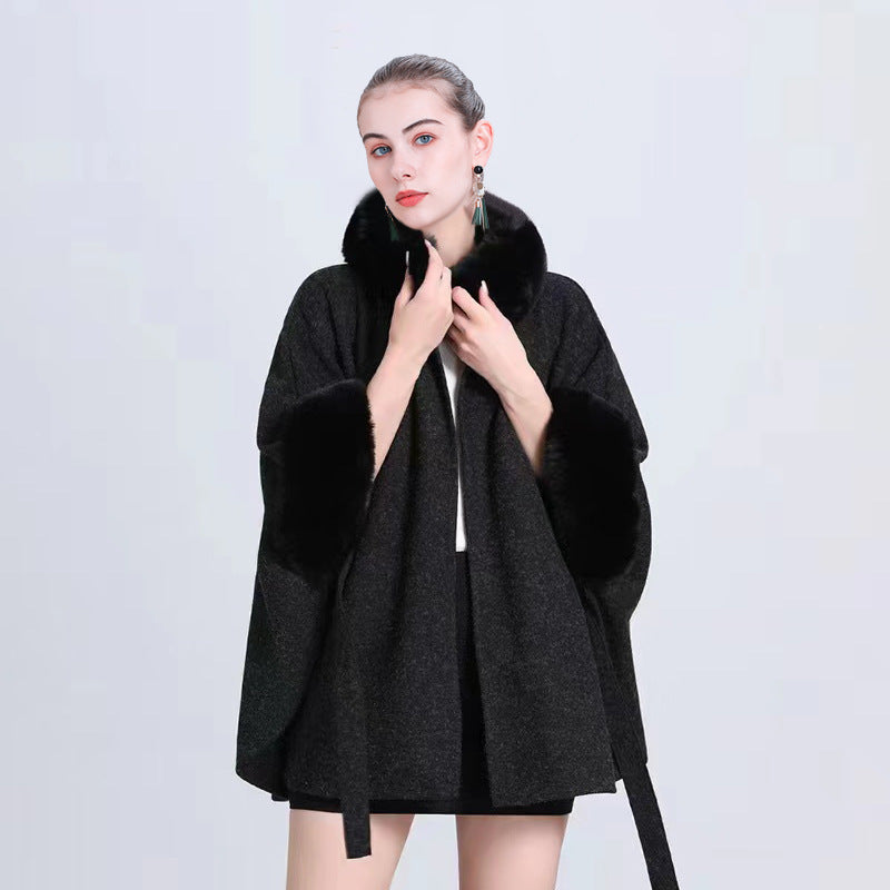 beige autumn and winter fur collar lace-up knitted cardigan cape loose woolen jacket Q1000 #