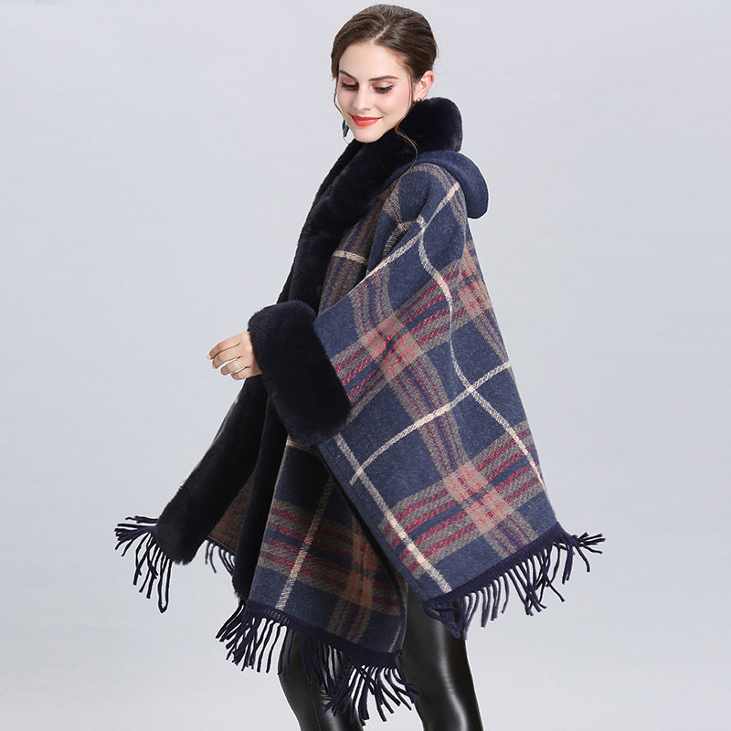 European and American autumn and winter new imitation fur collar hooded fringed knitted cardigan shawl cape jacket 0858 #