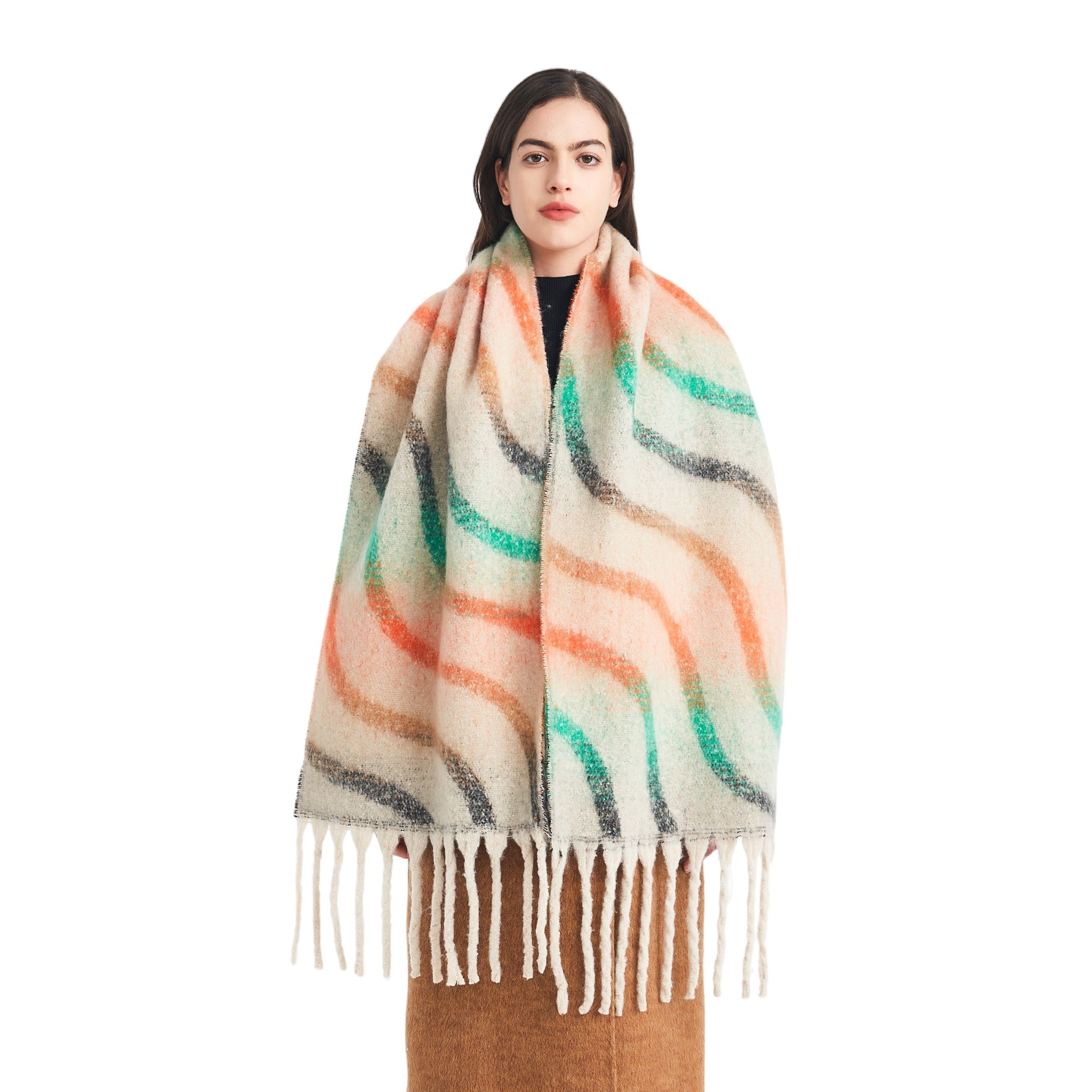 2025 new European, American autumn and winter circle yarn jacquard wavy fringed scarf