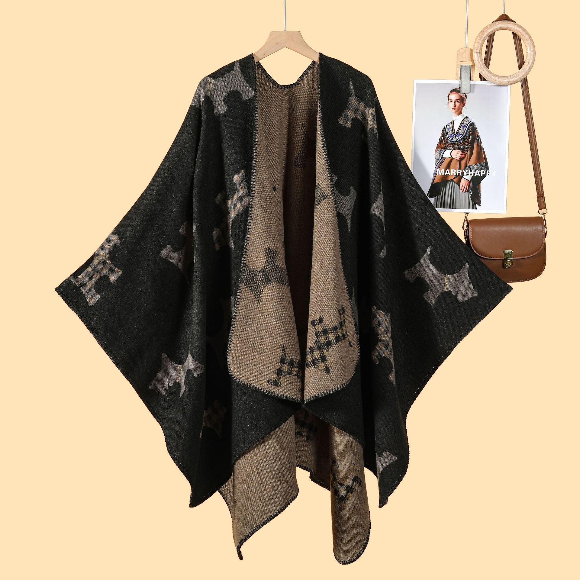 Women's simple cartoon picture split shawl autumn and winter thickened warm jacquard cloak cardigan hot new