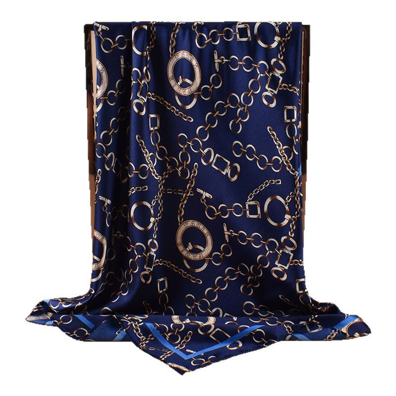 New 90-satin retro round chain printed square scarf with sunscreen bag head silk scarf decorative scarf