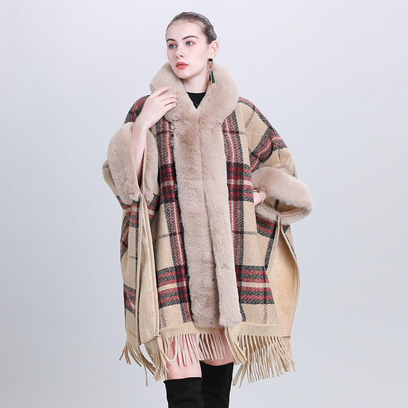 European and American large size coat fur collar plaid hooded fringed cape shawl knitted shawl cardigan 1534