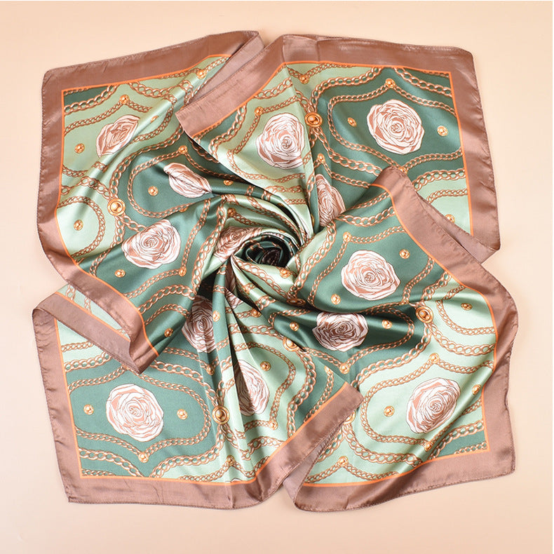 Spring and summer scarf chain flower printing versatile decorative scarf headscarf silk scarf 90 high-quality satin square scarf