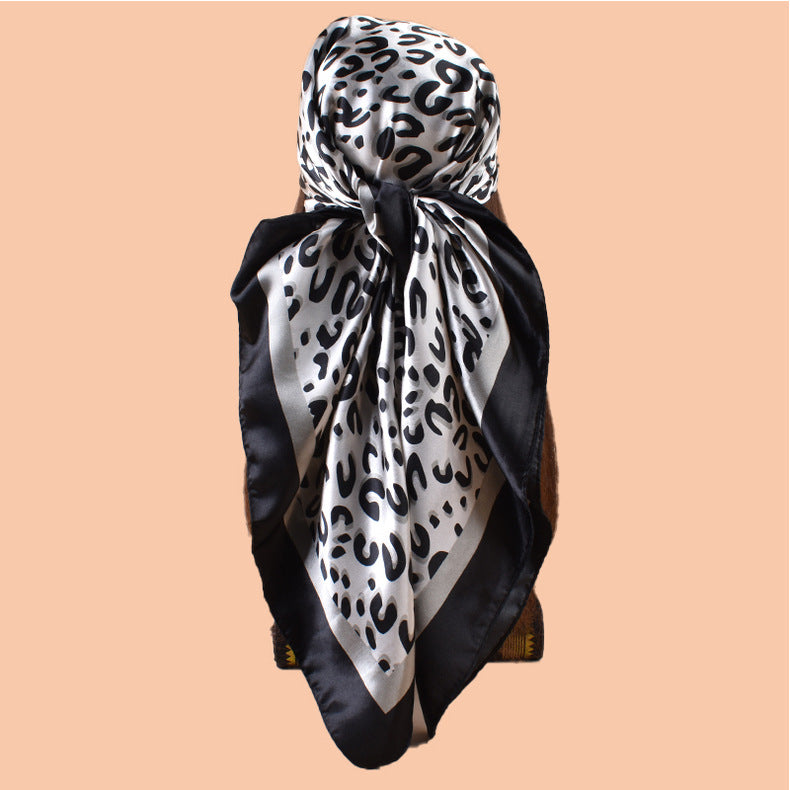 2025 new 90-satin U-word leopard print versatile printed square scarf with sunscreen, bag head silk scarf decoration, scarf