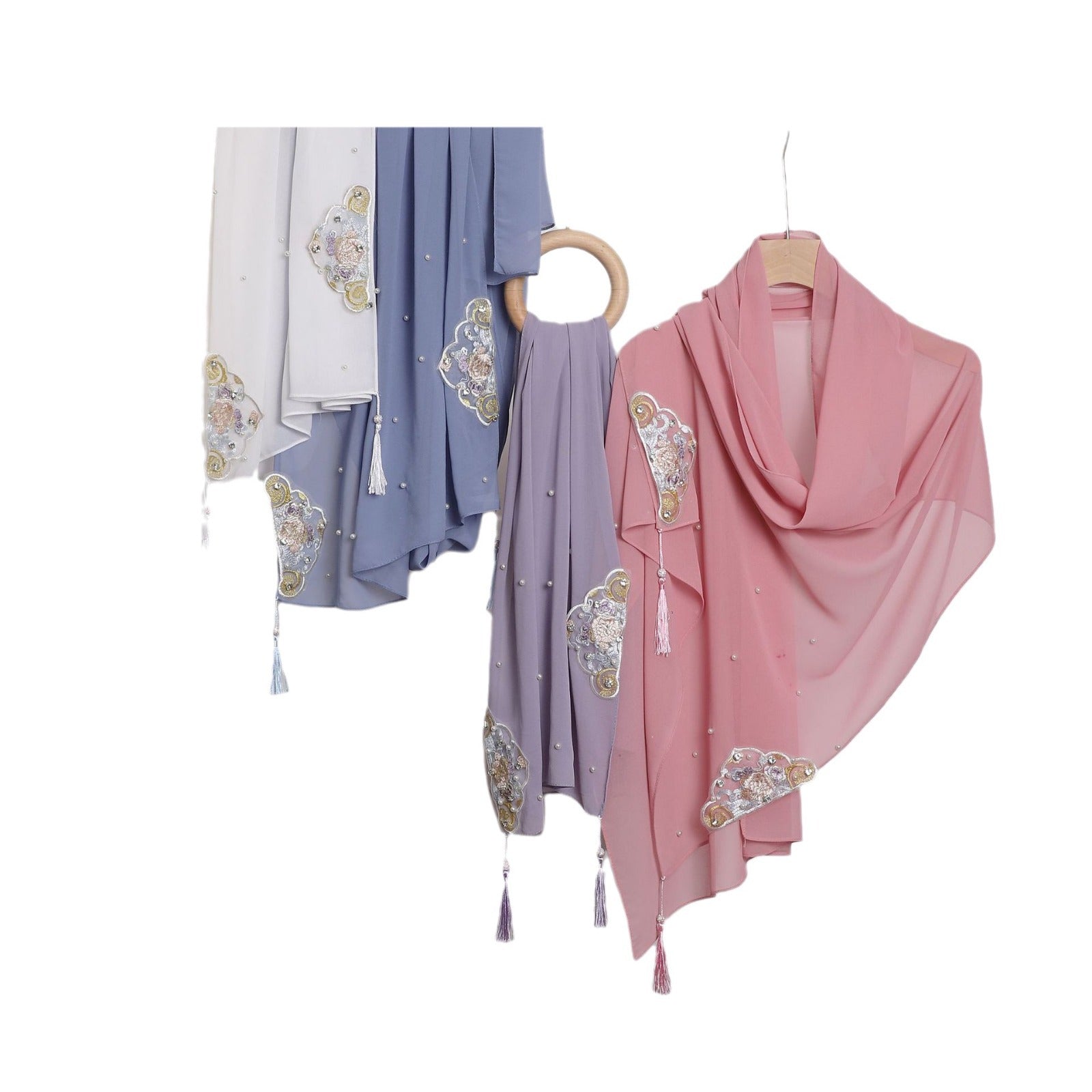 New pearl chiffon embroidered scarf diamond Tassel Shawls Middle East and Africa headscarf