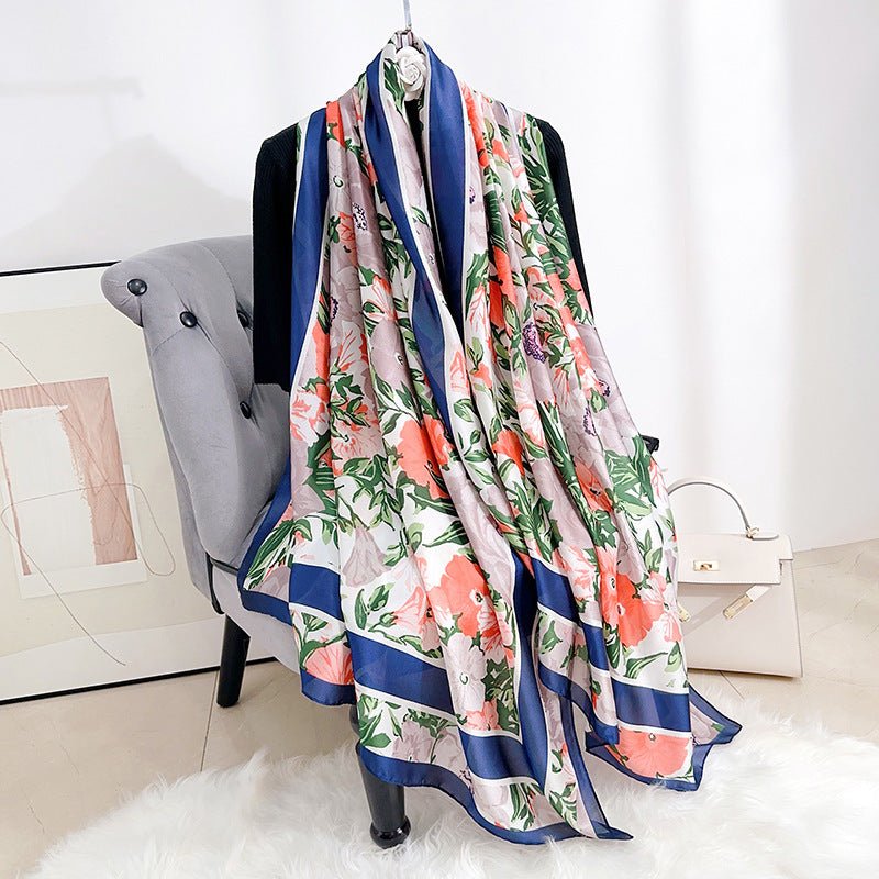 Stylish and elegant plant flower flower print long silk scarf, sweet and fresh literary girl with shawl