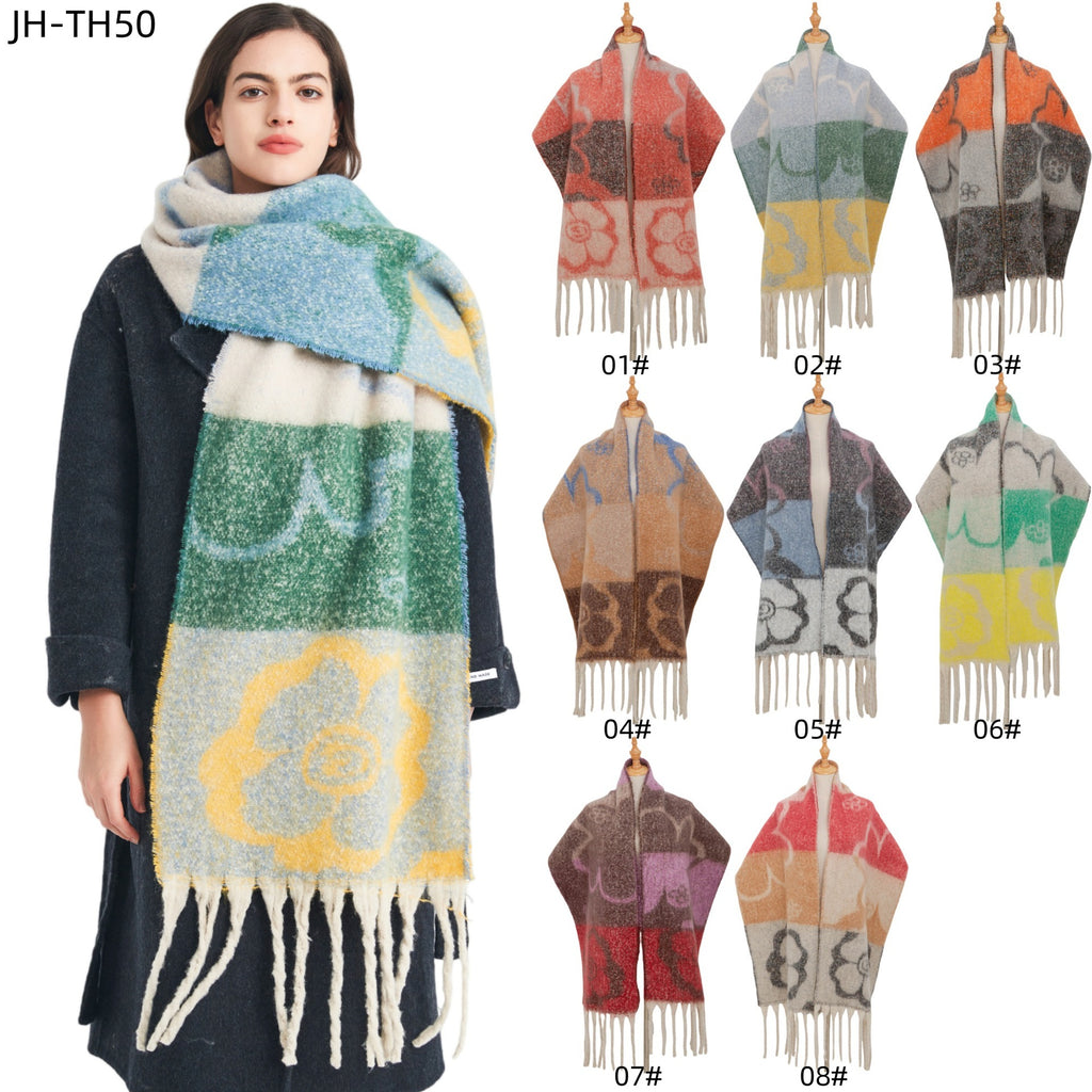 European, American autumn and winter new loop yarn imitation mohair jacquard four-leaf flower scarf