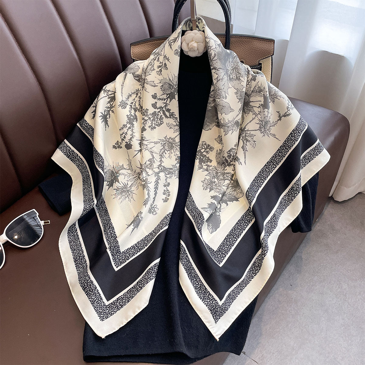 New retro fashion printed 90 square scarves women's spring and autumn thin versatile scarf multi-functional windproof shawl
