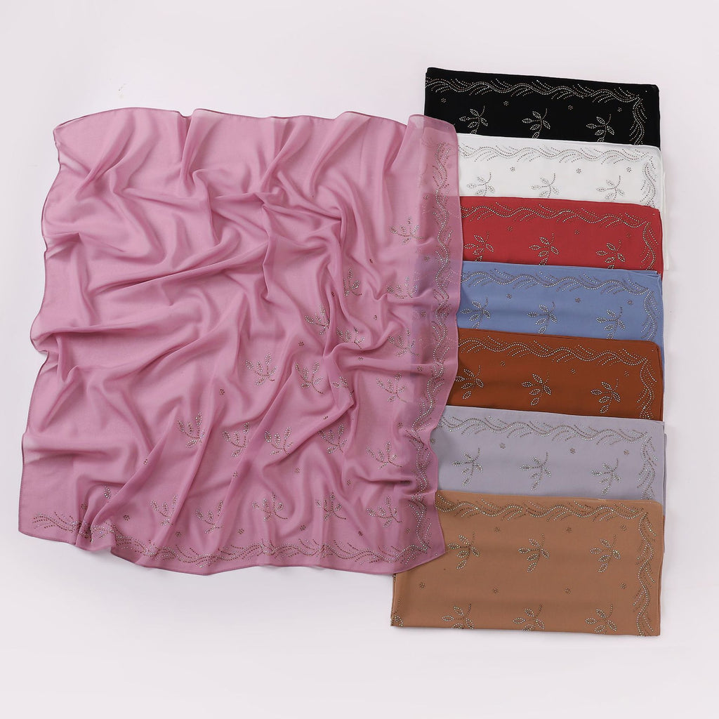 New Pearl Chiffon Leaf Hot Diamond Square Scarf 90 × 90cm Women Headscarf