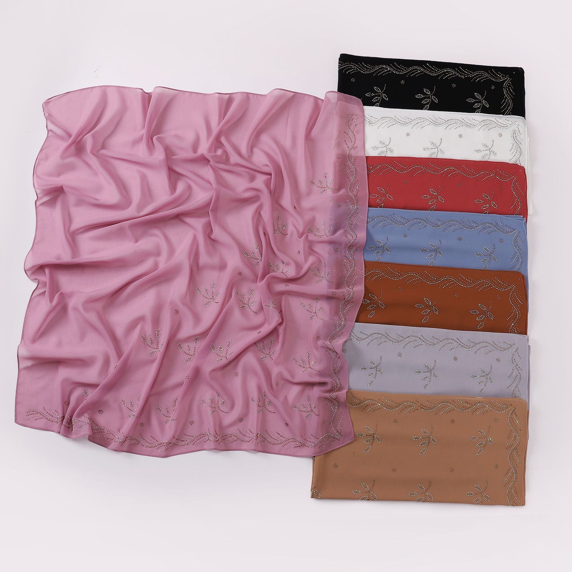 New Pearl Chiffon Leaf Hot Diamond Square Scarf 90 × 90cm Women Headscarf