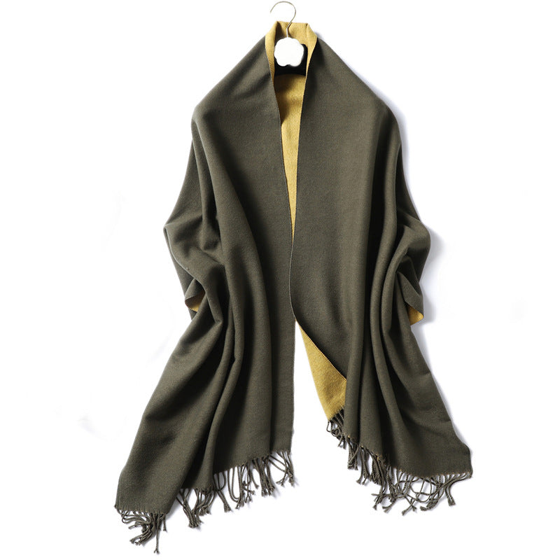 Simple solid color imitation cashmere scarf men's and women's winter thickened warm double-sided two-color versatile fringed shawl core-spun yarn