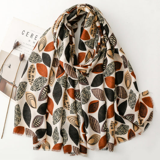 Stylish and simple commuter cotton and linen feel scarf plant leaf rough edge silk scarf thick shawl