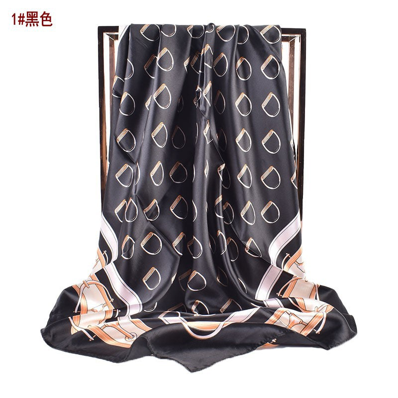 Autumn and winter new scarf saddle buckle accessories printed light luxury silk scarf 90 satin high-end square scarf