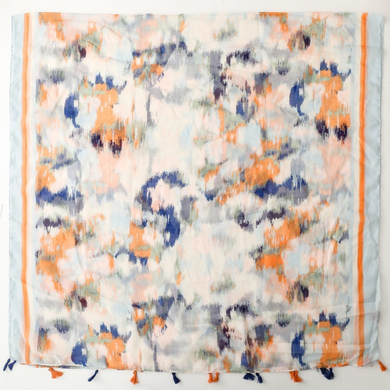 Thin Cotton Viscose gradual change ink painting cotton and linen feel tassel shawl travel accessories