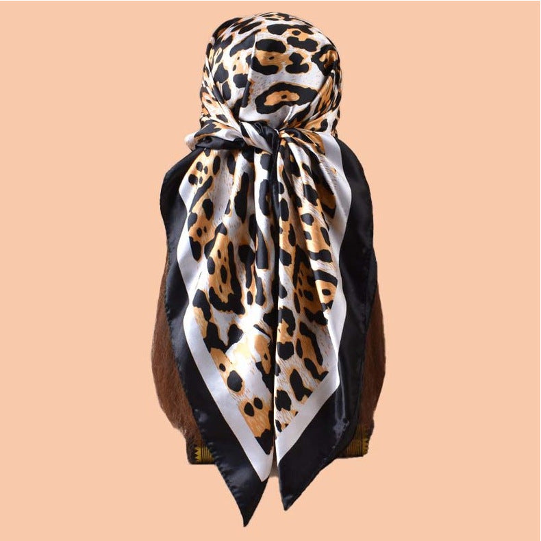 2025 new 90-satin fashion leopard print versatile printed square scarf with sunscreen, bag head silk scarf decoration, scarf