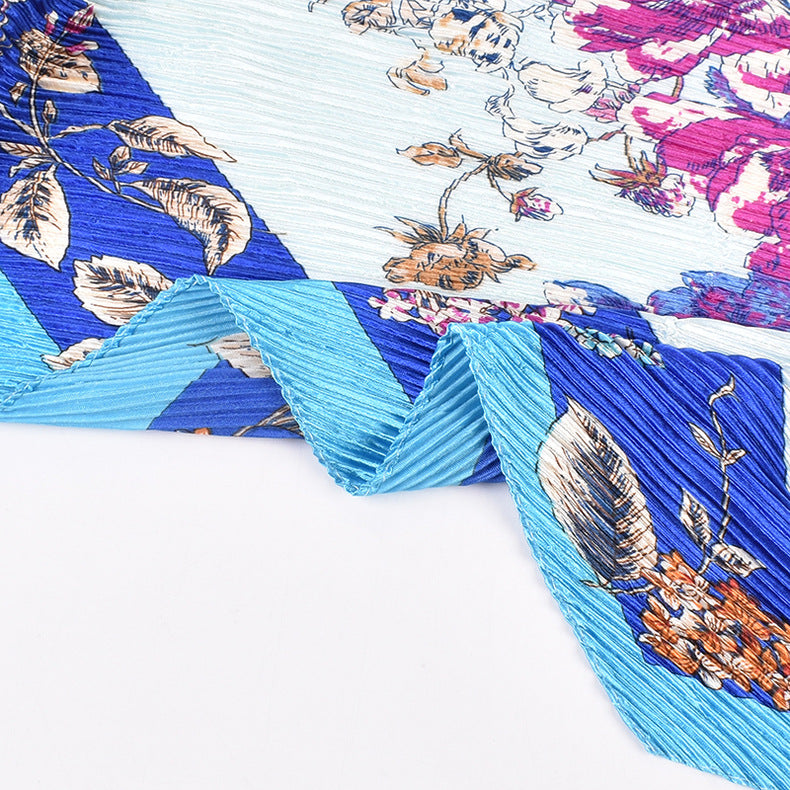 Summer new fashion retro flower pleated 90 satin large square scarf silk scarf imitation silk scarf