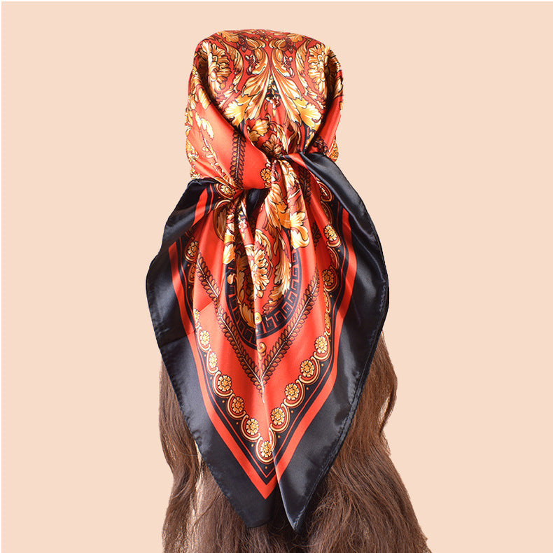 Spring new fashionable versatile large shawl imitation silk retro totem printed silk scarf head scarf 90 satin square scarf