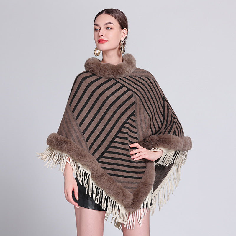 Cross-border Europe, America, autumn and winter new pullover knitting fashion contrasting colors fringed cape shawl shawl outside