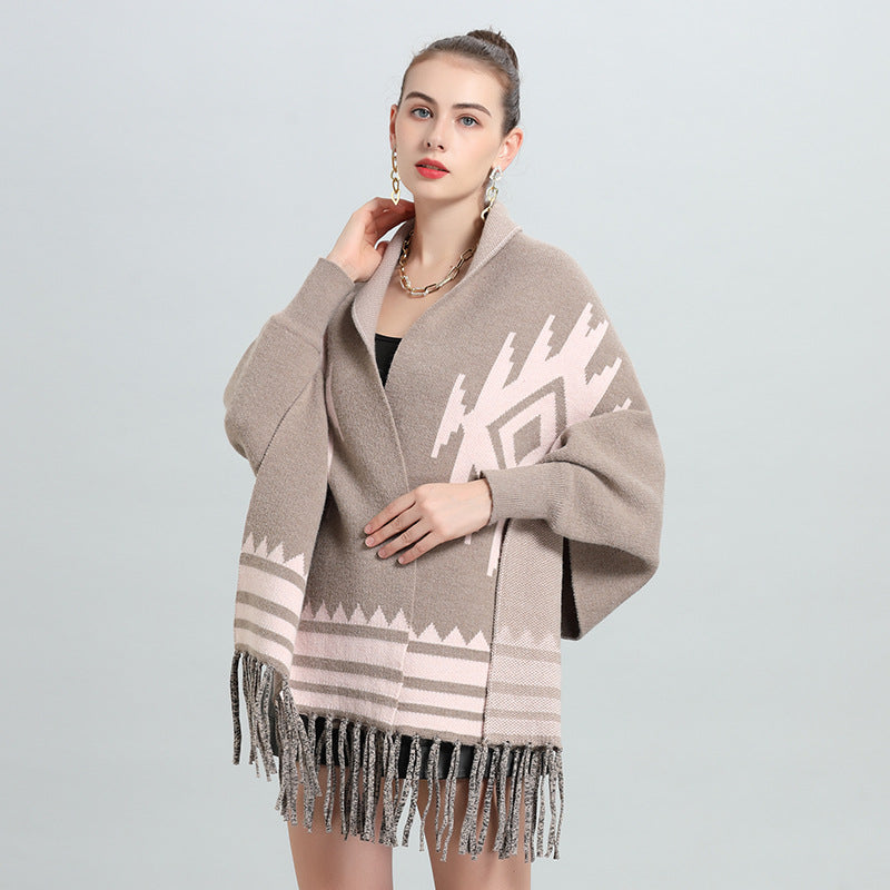 European and American autumn and winter new striped fringed bat-sleeved knitted sweater cardigan shawl scarf dual-purpose 0910 #