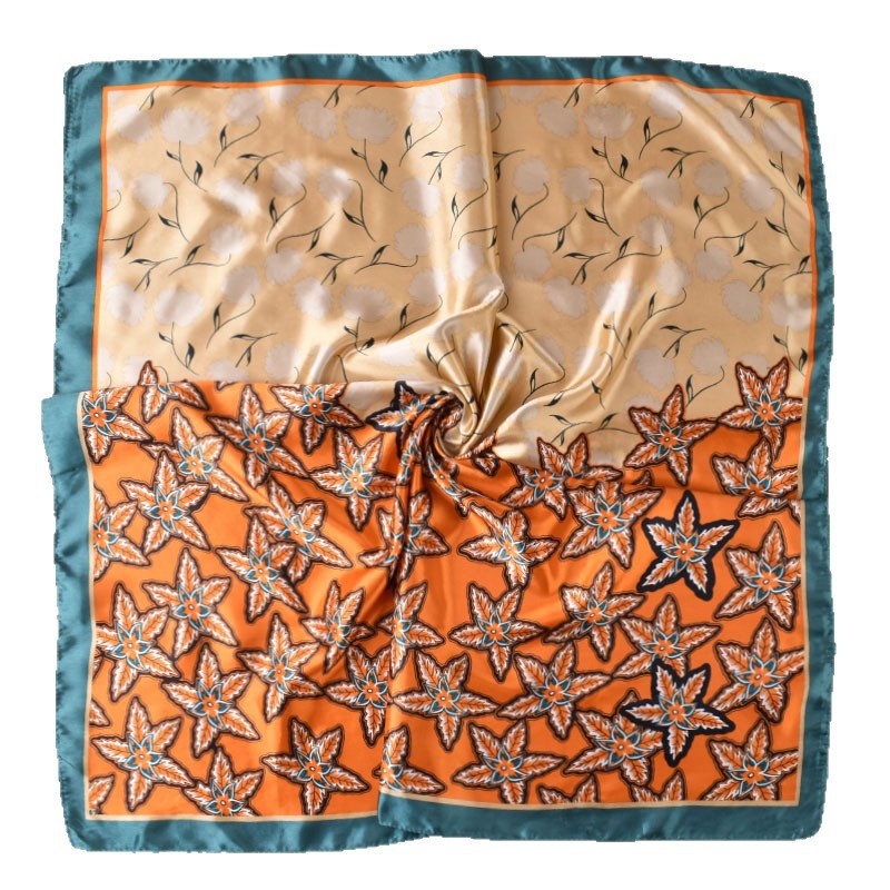 2025 new 90cm-color diced pentagram leaf printing square scarf with sunscreen, bag head silk scarf decoration, scarf