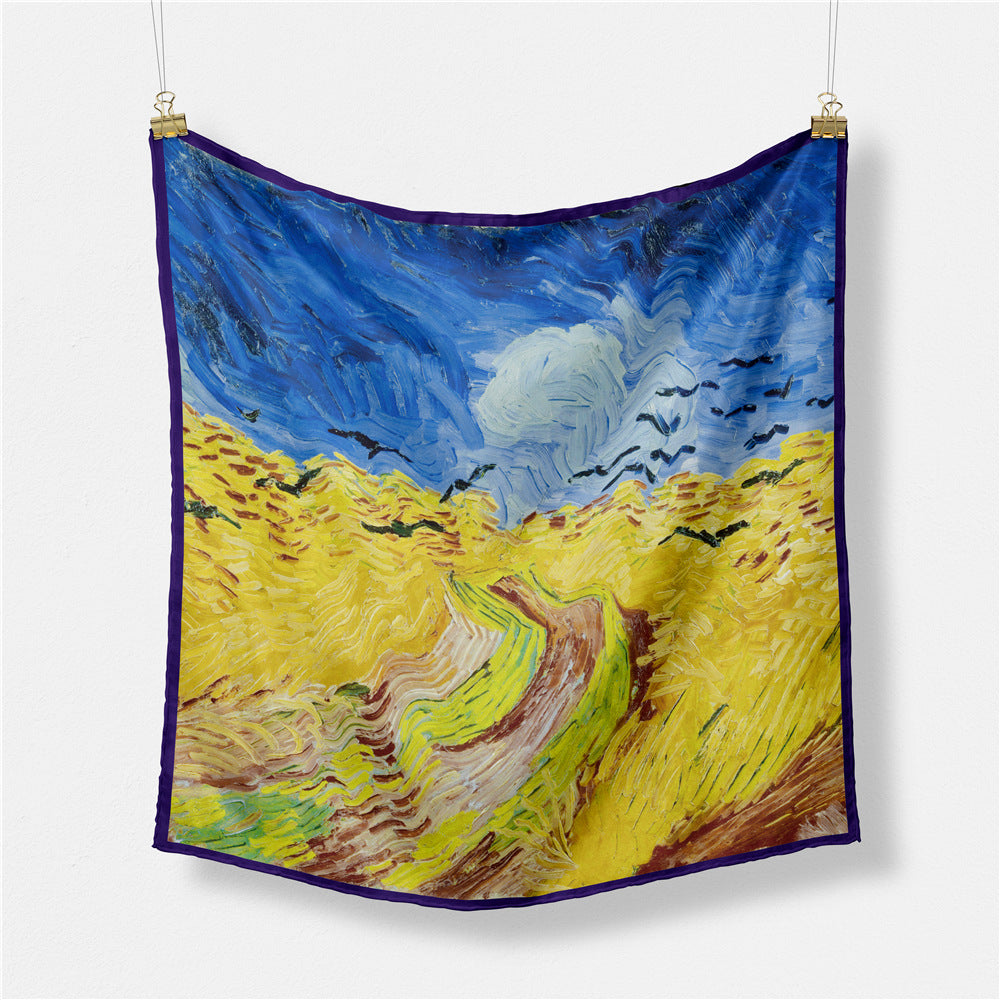 Fashion Van Gogh art oil painting 53cm small square scarf, twill silk imitation silk women's scarf, headband