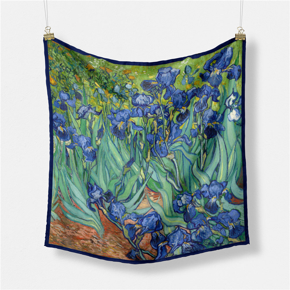 Fashion Van Gogh art oil painting 53cm small square scarf, twill silk imitation silk women's scarf, headband