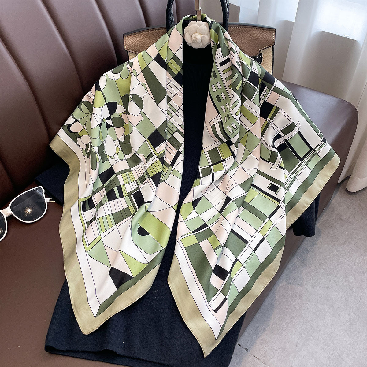 New geometric flower 90 twill large square scarf fashion printing imitation silk windproof shawl headscarf women